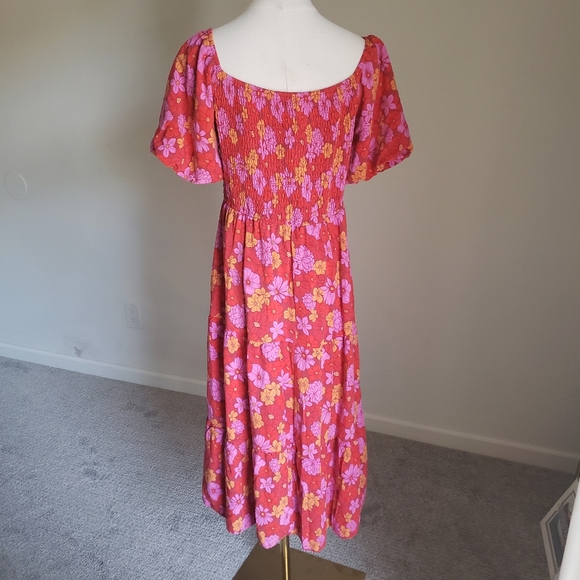 SOLD One Loved Babe Red Pink Floral Puff Sleeve Dress Medium - Picture 2 of 12